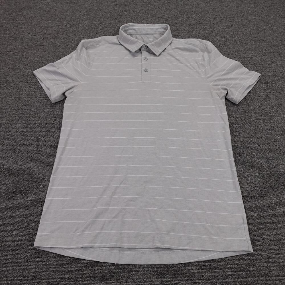 Lululemon Polo Shirt Mens Medium Gray Striped Lightweight Knit Short Sleeve
